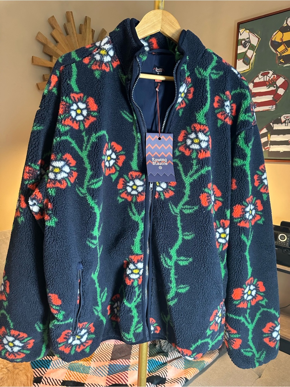 Rowing Blazers x Target Navy Fleece Jacket with Red, Green & Yellow Floral